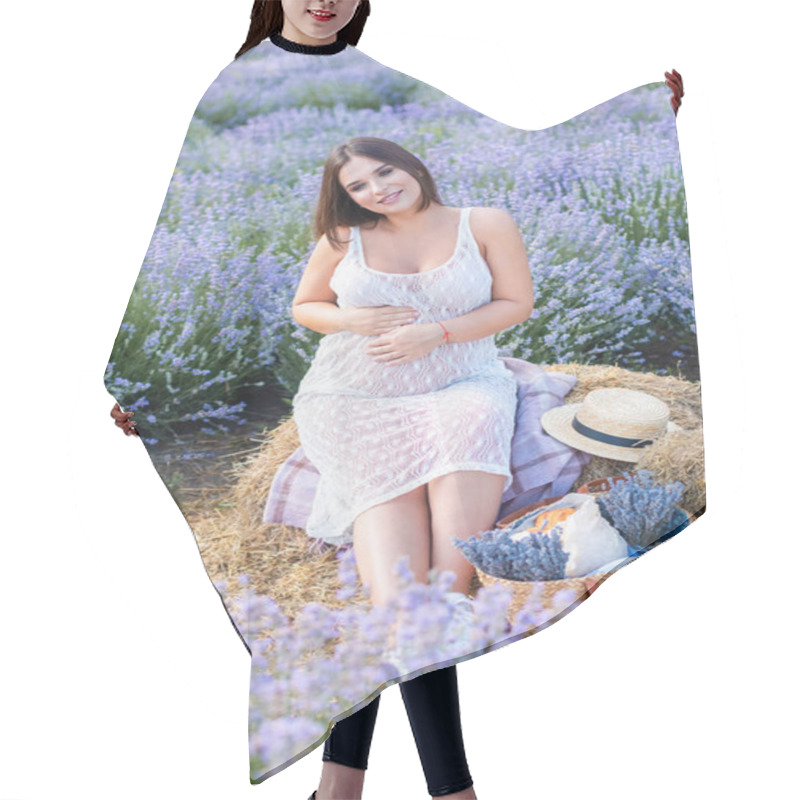 Personality  Smiling Pregnant Woman Sitting On Hay Bale In Violet Lavender Field And Touching Belly Hair Cutting Cape