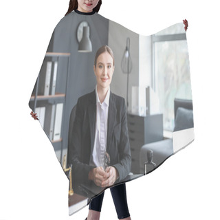 Personality  Female Lawyer Sitting At Workplace In Office Hair Cutting Cape