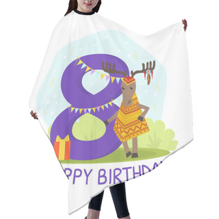 Personality  Birthday Anniversary Number And Cute Ethnic Patterned Deer Animal, Card Template For Eight Year Old Vector Illustration Hair Cutting Cape
