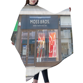 Personality  LONDON, ENGLAND - JULY 24, 2020:  Moss Bros Menswear Clothing Branch At Holborn, London Closed During The COVID-19 Pandemic - 090 Hair Cutting Cape
