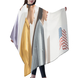 Personality  Electors In Polling Booths With American Flag And Vote Lettering On Blurred Background, Banner Hair Cutting Cape