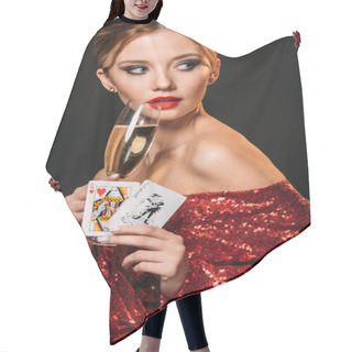 Personality  Attractive Girl In Red Shiny Dress Holding Joker And Queen Of Hearts Cards, Drinking Champagne Isolated On Black Hair Cutting Cape