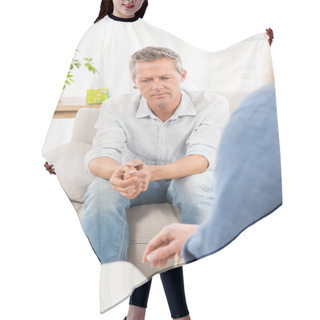 Personality  Worried Man Sitting On Couch Hair Cutting Cape