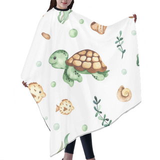 Personality  Underwater Creatures, Sea Turtle, Fish, Crab, Algae, Corals On A White Background. Watercolor Seamless Pattern Hair Cutting Cape