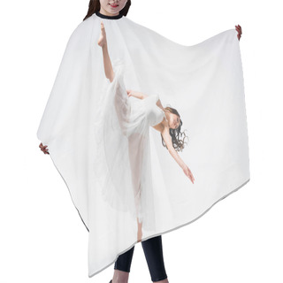 Personality  Beautiful Ballerina In White Dress Dancing On Grey Background Hair Cutting Cape