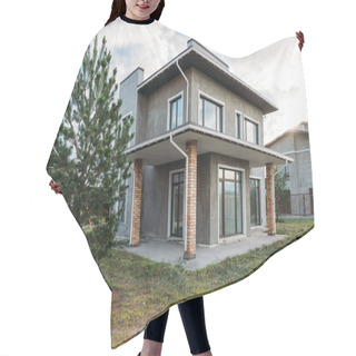 Personality  Modern Concrete Building With Green Yard Under Cloudy Sky Hair Cutting Cape