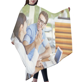 Personality  Situation In Office - Two Workers Giving High Five Hair Cutting Cape