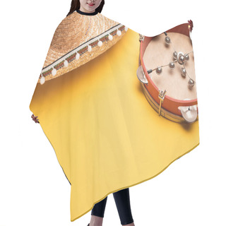 Personality  Tambourine And Mexican Sombrero On Yellow Background Hair Cutting Cape