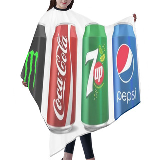 Personality  Vector Illustration Of Classic Monster Enegy, Coca-Cola, Pepsi And 7Up Can Isolated On White Background For Editorial Use Hair Cutting Cape