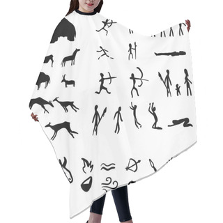 Personality  Vector Set Of Black Cave Drawings Illustrations Of People, Animals And Tools. Primitive Artworks. Hair Cutting Cape