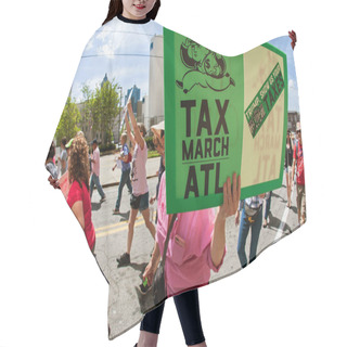 Personality  Woman Holds Sign In Atlanta Trump Tax Protest Rally Hair Cutting Cape