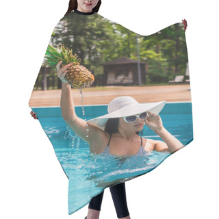 Personality  Woman In Sunglasses Rising Pineapple In Swimming Pool  Hair Cutting Cape