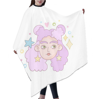 Personality  Beautiful Girl. Cartoon Character. Crazy Hairstyle Model Art. Hearts, Stars, Dots And Sparkles. Isolated Vector Object On White Background. Hair Cutting Cape