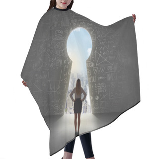 Personality  Business Woman Looking At Keyhole With Bright Cityscape Concept  Hair Cutting Cape