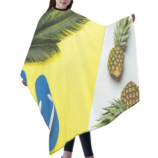 Personality  Top View Of Green Palm Leaves, Pineapples And Blue Flip Flops On White And Yellow Background Hair Cutting Cape