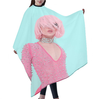 Personality  Disco Sexy Woman. Pink Retro Vibes. Back In 80s Look. Clubbing Glamour Style Hair Cutting Cape