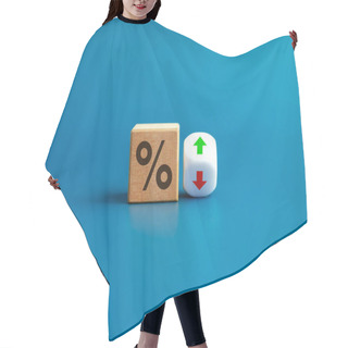 Personality  Percentage Icon On Wooden Cube Block And Up And Down Arrow Symbol On Flipping White Dice On Blue Background. Interest Rate, Financial Stocks, Ranking, GDP Percent Change, Money Exchange Concepts. Hair Cutting Cape