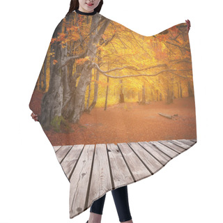 Personality  Autumn Yellow And Red Colorful Forest And Wooden Board On Foregr Hair Cutting Cape
