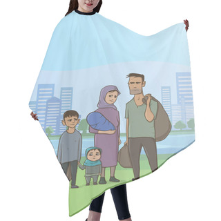 Personality  Family Homeless Or Refugees, A Man And A Woman With Children In The Big City. Vector Illustration With Copyspace. Hair Cutting Cape