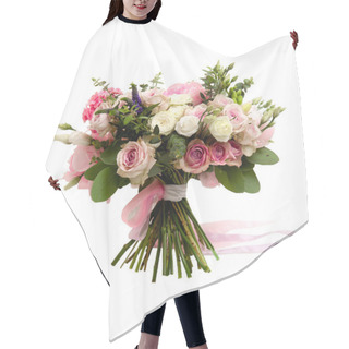 Personality  A Wedding Bouquet In Pastel Colors, Consisting Of Roses, Eucalyptus Leaves And Decorated With A Pink Ribbon, On A White Background Hair Cutting Cape