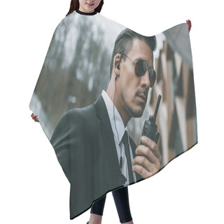 Personality  Serious Handsome Security Guard Talking By Portable Radio Hair Cutting Cape