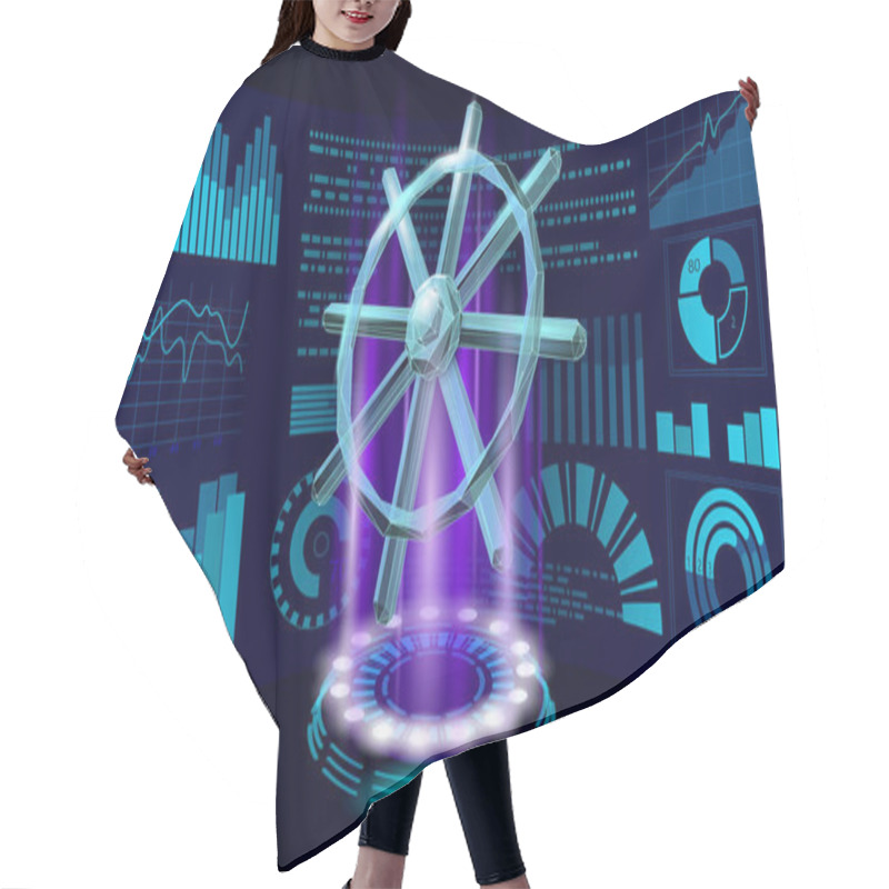 Personality  Wheel Helm Computer Developer App Concept. Business Digital Open Source Program. Data Coding Steering 3D Low Polygonal Vector Line Illustration Hair Cutting Cape