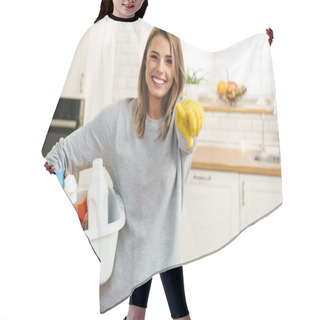 Personality  Photo Of Smiling Young Woman Housewife In Gloves Holding Cleansers And Pointing Finger At Camera At Modern Kitchen Hair Cutting Cape