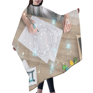 Personality  Cropped View Of Woman Drawing Natal Chart By Zodiac Signs And Constellations Hair Cutting Cape