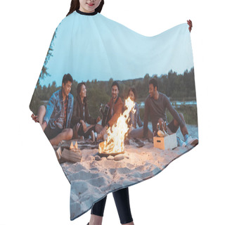 Personality  Friends Resting Near Campfire On Sandy Beach Hair Cutting Cape
