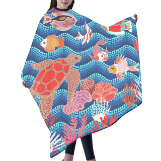 Personality  Sea Life Art. Seamless Vector Pattern With Hand Drawn Fishes, Tortilla And Corals On Seaweed Background. Hair Cutting Cape