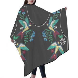 Personality  Embroidery Stitches With Swallow Birds, Wild Flowers For Neckline. Fashion Embroidered Ornament For Textile, Fabric Traditional Folk Decoration. Vector Illustration. Hair Cutting Cape