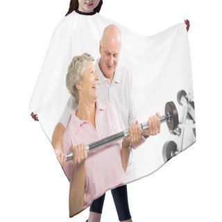 Personality  Mature Older Couple Lifting Weights Hair Cutting Cape