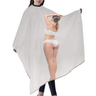 Personality  Full Length View Of Beautiful Slim Woman In Underwear Posing On Tiptoe On Grey Background Hair Cutting Cape