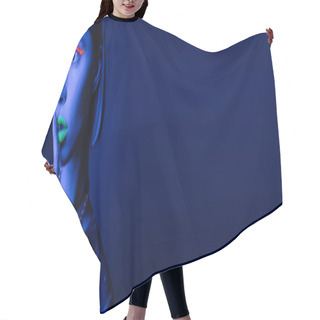 Personality  Young Woman With Bright Neon Visage Touching Green Lips And Showing Hush Gesture On Dark Blue Background, Banner Hair Cutting Cape