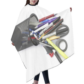 Personality  Pens And Scissors Spilled On White Background Hair Cutting Cape