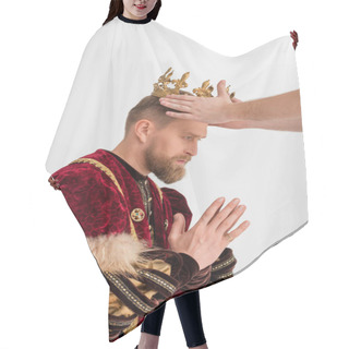 Personality  Cropped View Of Man Putting Crown On King With Praying Hands On Grey Background  Hair Cutting Cape