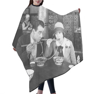 Personality  Couple Sharing A Noodle In A Restaurant Hair Cutting Cape
