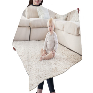 Personality  Toddler Boy Sitting On Floor In Sitting Room Hair Cutting Cape