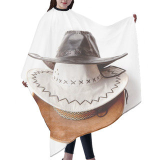 Personality  Three Different And Multicolored Classic Wide Brim Cowboy Hats Isolated On White Background Hair Cutting Cape