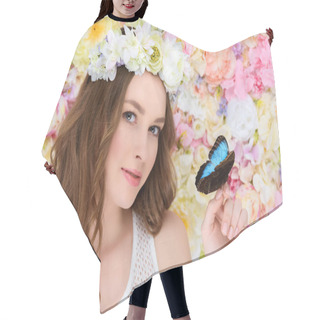Personality  Young Woman In Floral Wreath With Butterfly On Hand Hair Cutting Cape