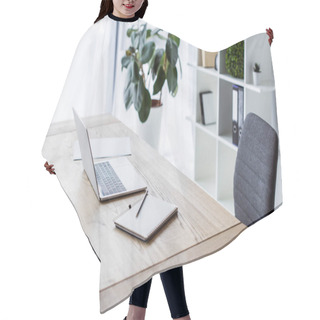 Personality  Laptop And Coffee In Paper Cup On Table In Business Workspace Hair Cutting Cape
