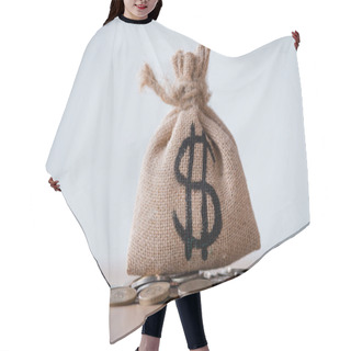 Personality  Sackcloth Money Bag With Dollar Sign And Metal Coins Isolated On Grey Hair Cutting Cape