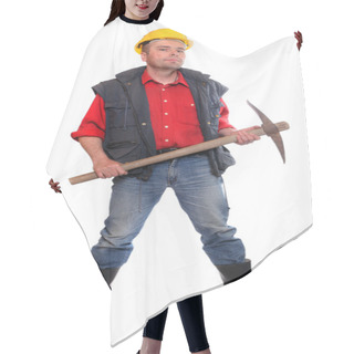 Personality  Male Construction Worker With Pick Axe On A White Background. Hair Cutting Cape