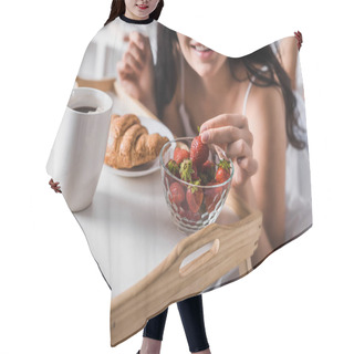Personality  Cropped View Of Young Brunette Woman Having Croissant, Strawberry And Cocoa For Breakfast In Bed Hair Cutting Cape