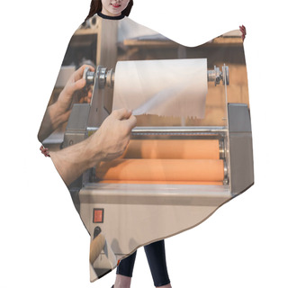 Personality  Cropped View Of Worker Pulling Paper While Working With Print Plotter  Hair Cutting Cape