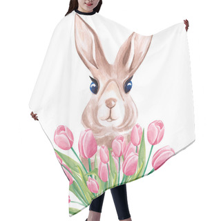Personality  Watercolor Portrait Of The Cute Rabbit In Tulips Hair Cutting Cape