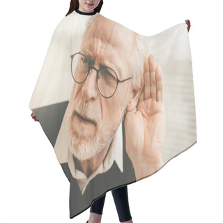 Personality  Senior Man With Hearing Problems Hair Cutting Cape