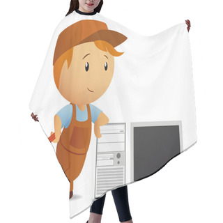 Personality  Cartoon Serviceman With Computer Hair Cutting Cape
