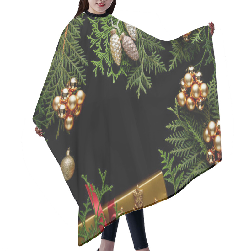 Personality  Top View Of Shiny Golden Christmas Decoration, Green Thuja Branches And Gift Box Isolated On Black With Copy Space Hair Cutting Cape