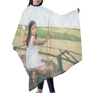 Personality  Girl In White Dress Riding Swing And Looking At Camera In Meadow Hair Cutting Cape